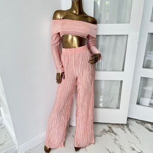 Fashion Nova Pink pleated flared trousers pants Off-Shoulder top set